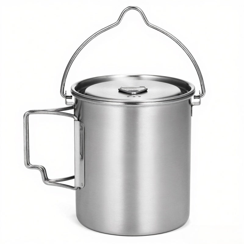 Stainless Steel Camping Cup 750ml Corrosion-Resistant Durable - Foldable Grip Handle With Lid Camping Pot for Outdoor Camping Hiking Backpacking - Image 1