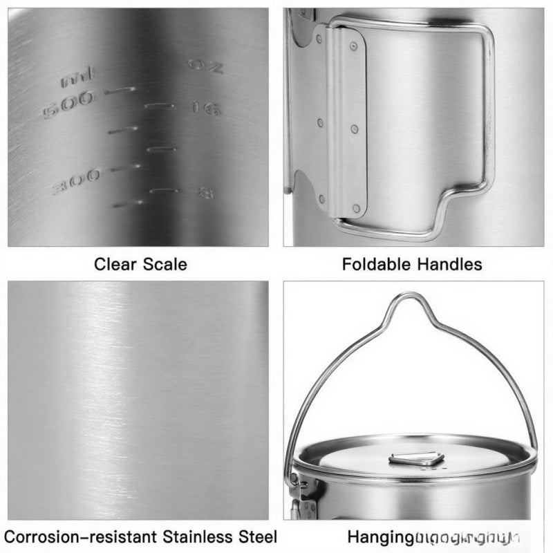 Stainless Steel Camping Cup 750ml Corrosion-Resistant Durable - Foldable Grip Handle With Lid Camping Pot for Outdoor Camping Hiking Backpacking - Image 4