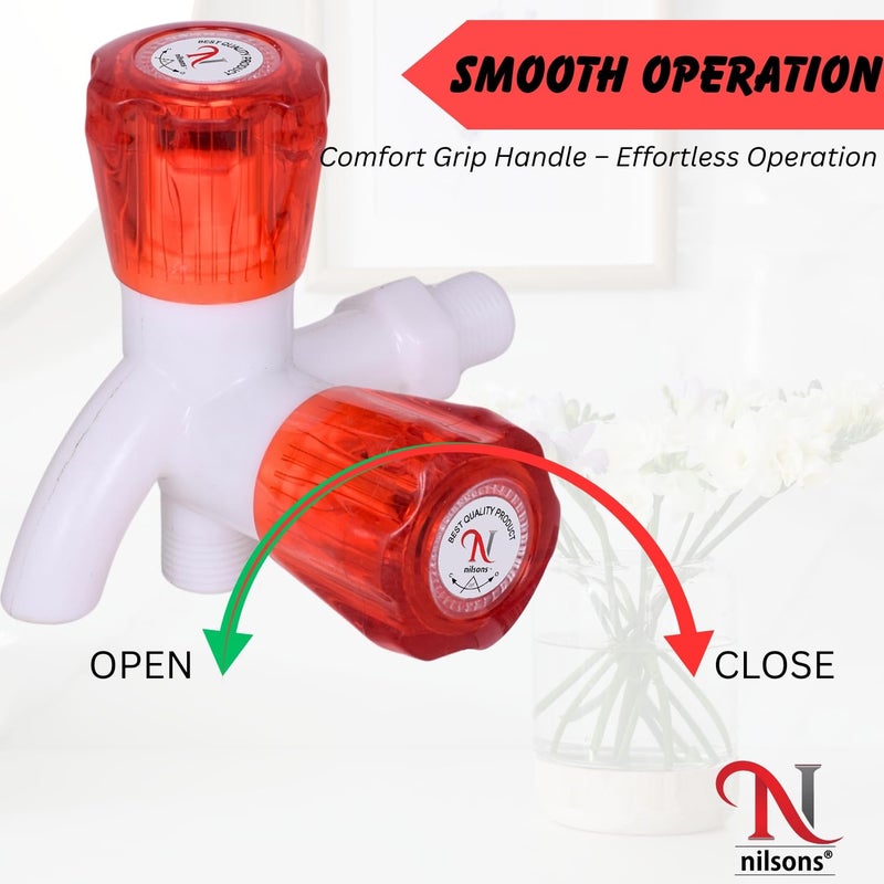 nilsons Two Way Bib Cock for Washing Machine & Garden | Heavy Duty PVC Plastic Tap with Dual Outlet & Red Handle | Wall Mounted Water Tap for Bathroom & Balcony – 1 PC - Image 5