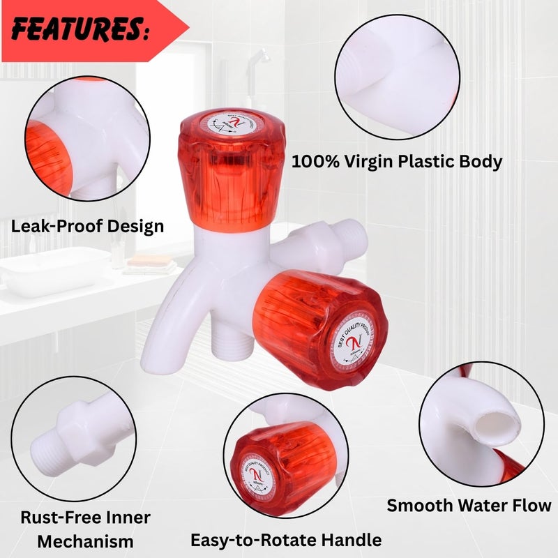 nilsons Two Way Bib Cock for Washing Machine & Garden | Heavy Duty PVC Plastic Tap with Dual Outlet & Red Handle | Wall Mounted Water Tap for Bathroom & Balcony – 1 PC - Image 2