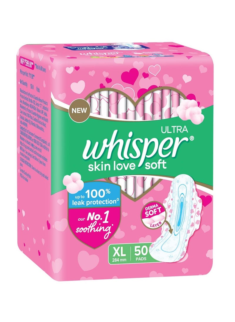 Whisper Whisper ultra skin love soft SANITARY PADS, 50 XL PADS, COTTONY SOFT, OUR #1 SOFTNESS, IRRITATION FREE, FOR INTIMATE SKIN, DISPOSABLE WRAPPER  - Image 2
