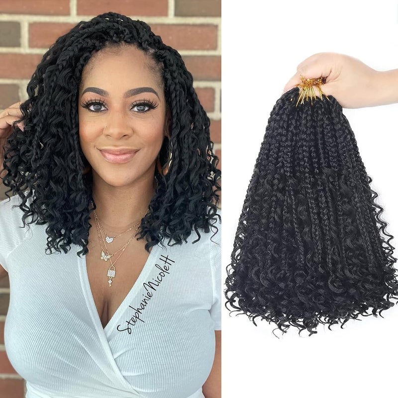 10 Inch Boho Box Braids Crochet Hair Pre Looped 1B - Goddess Box Braids Crochet Hair with Curly Ends, 8 Packs Boho Crochet Braids for Black Women Boho 3X Crochet Boho Braids Synthetic Hair Extensions
