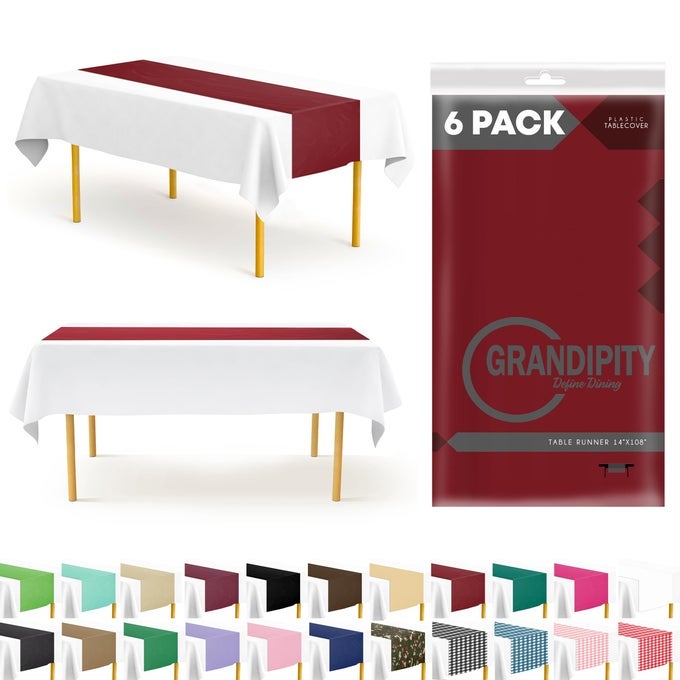 BURGUNDY 6 PACK PREMIUM DISPOSABLE PLASTIC TABLE RUNNER 14 X 108 INCH TABLE RUNNER FOR DINNER PARTIES EVENTS BY