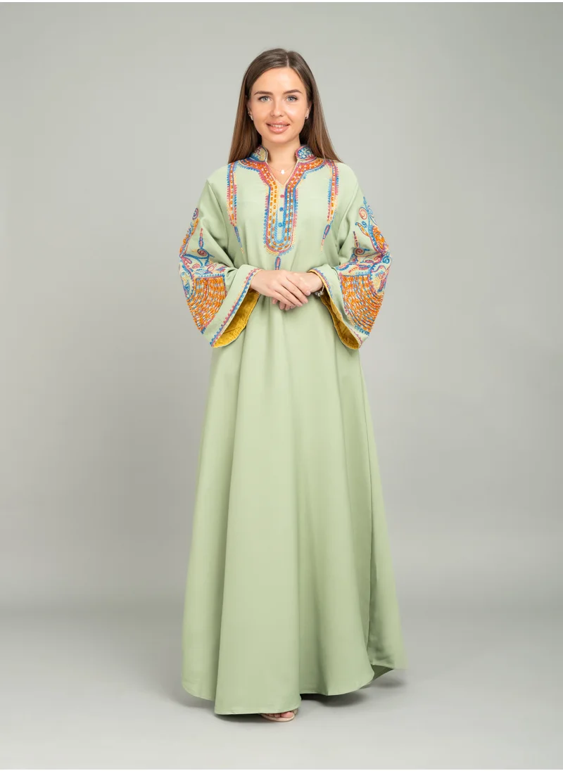 IKKXA Mandarin Collar Hand Embroidered Jalabiya CJ1044 Green