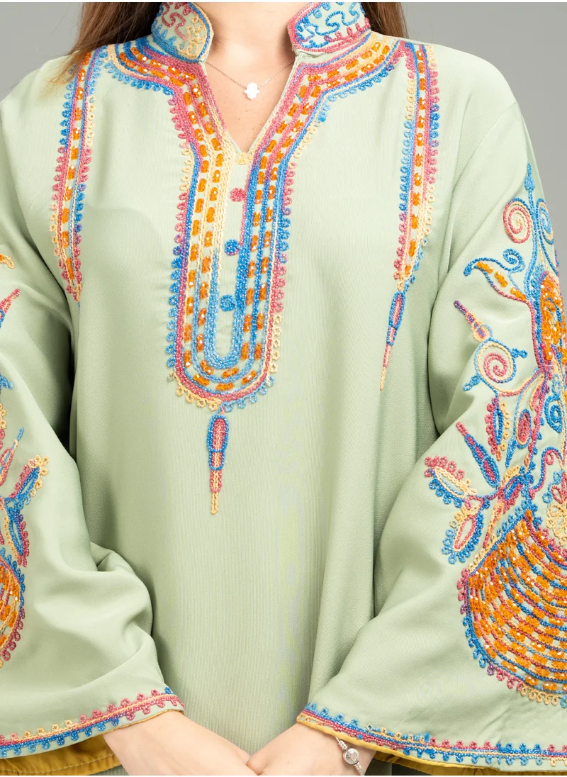 IKKXA Mandarin Collar Hand Embroidered Jalabiya CJ1044 Green