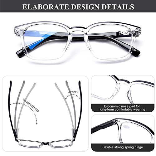 AQWANO Blue Light Blocking Computer Reading Glasses, 4 Pairs Fashion Designer Clear Readers for Men Women Anti Glare UV with Spring Hinge Lightweight Comfortable, 1.5 - Image 5