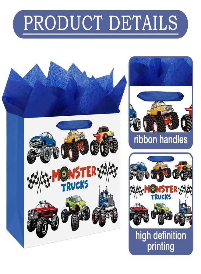 Laidans 13" Large Happy Birthday Gift Bag with Tissue Paper and Card for Kids Baby Boys Birthday (Monster Trucks Design) (Large Blue) - Image 4