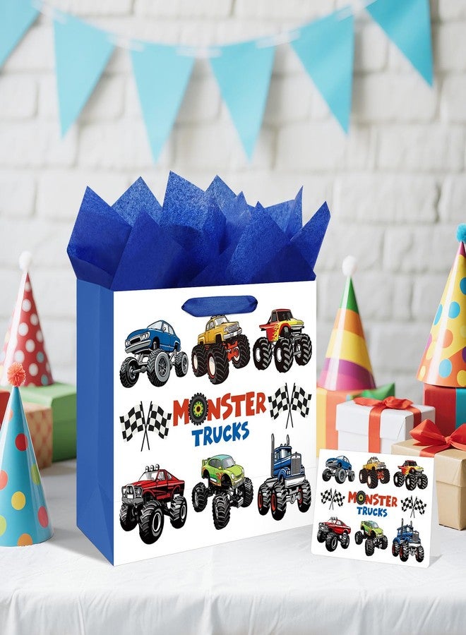 Laidans 13" Large Happy Birthday Gift Bag with Tissue Paper and Card for Kids Baby Boys Birthday (Monster Trucks Design) (Large Blue) - Image 5