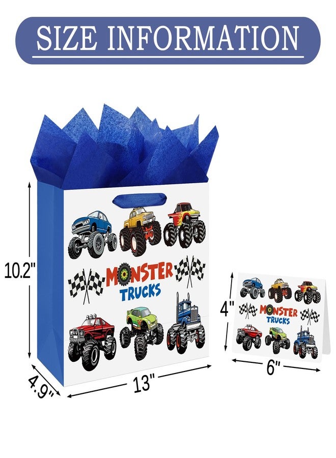 Laidans 13" Large Happy Birthday Gift Bag with Tissue Paper and Card for Kids Baby Boys Birthday (Monster Trucks Design) (Large Blue) - Image 2