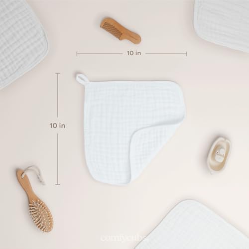 Comfy Cubs Muslin Baby Washcloths 6 Pack - Soft 6-Layer Cotton Wash Cloths for Sensitive Skin - 10"x10" Large, Gentle, Absorbent Infant Essentials for Newborn and Toddlers - White - Image 3
