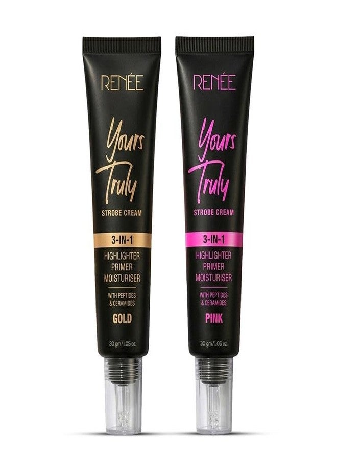 RENEE Yours Truly Strobe Cream for Face | 3 in 1 Highlighter Primer Moisturiser | Glow Cream, Lightweight, Non Sticky | Hydrating Dewy Skin Finish| For All Skin Types | Pink & Gold | Pack Of 2 - Image 1