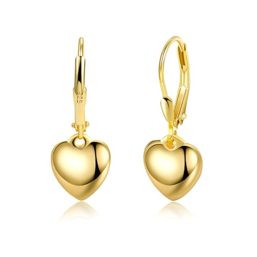 ALEXCRAFT Gold Heart Earrings Sterling Silver Heart Dangle Earrings for Women Gold Dangle Earrings Hypoallergenic Heart Drop Leverback Earrings - Image 1