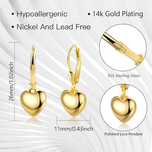 ALEXCRAFT Gold Heart Earrings Sterling Silver Heart Dangle Earrings for Women Gold Dangle Earrings Hypoallergenic Heart Drop Leverback Earrings - Image 3