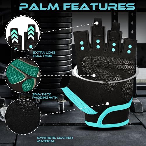 BEAST RAGE Workout Gloves for Men Gym Gloves for Weightlifting Women Fingerless with Palm Protection Padding, Breathable and Lightweight Weight Lifting Glove Cycling Pull Up (Cyan, S) - Image 3