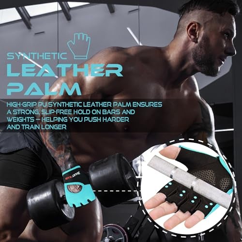 BEAST RAGE Workout Gloves for Men Gym Gloves for Weightlifting Women Fingerless with Palm Protection Padding, Breathable and Lightweight Weight Lifting Glove Cycling Pull Up (Cyan, S) - Image 4