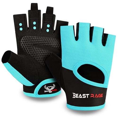 BEAST RAGE Workout Gloves for Men Gym Gloves for Weightlifting Women Fingerless with Palm Protection Padding, Breathable and Lightweight Weight Lifting Glove Cycling Pull Up (Cyan, S) - Image 1