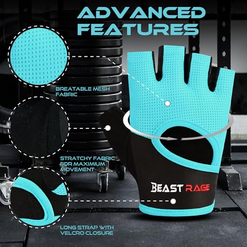 BEAST RAGE Workout Gloves for Men Gym Gloves for Weightlifting Women Fingerless with Palm Protection Padding, Breathable and Lightweight Weight Lifting Glove Cycling Pull Up (Cyan, S) - Image 2