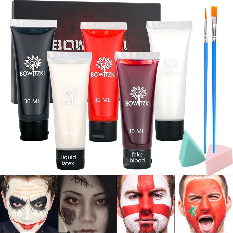 Bowitzki Halloween Makeup Set Special Effects Kit Cream Face Paint Water Based Liquid Latex Fake Blood Brush Sponges Body Painting SFX Zombie Vampire Monster Christmas Party (No Scar Wax) - Image 1