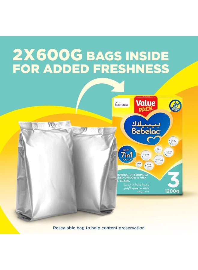 Bebelac 3 Nutri 7in1 Palm Oil Free Stage 3 Growing Up Milk Formula, from 1 to 3 years Value Pack 1200g - Image 2