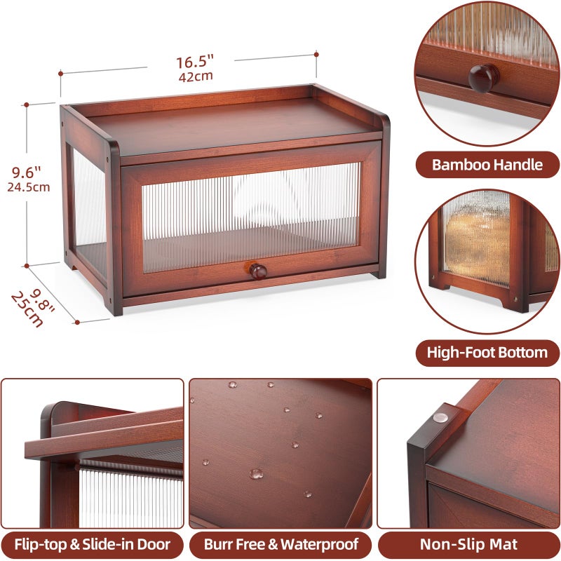 BAMBANG Bamboo Bread Box for Kitchen Countertop, Extra Large Farmhouse Bread Box with 4-Side Clear Panels, Wooden Bread Storage Container for Homemade Bread, Brown - Image 2