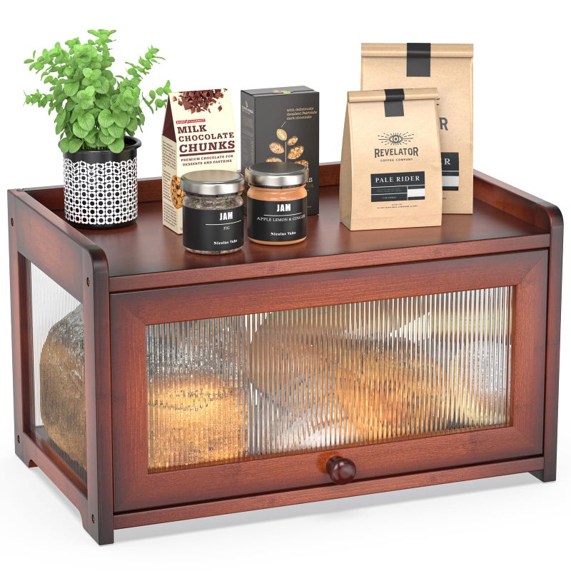 BAMBANG Bamboo Bread Box for Kitchen Countertop, Extra Large Farmhouse Bread Box with 4-Side Clear Panels, Wooden Bread Storage Container for Homemade Bread, Brown - Image 1