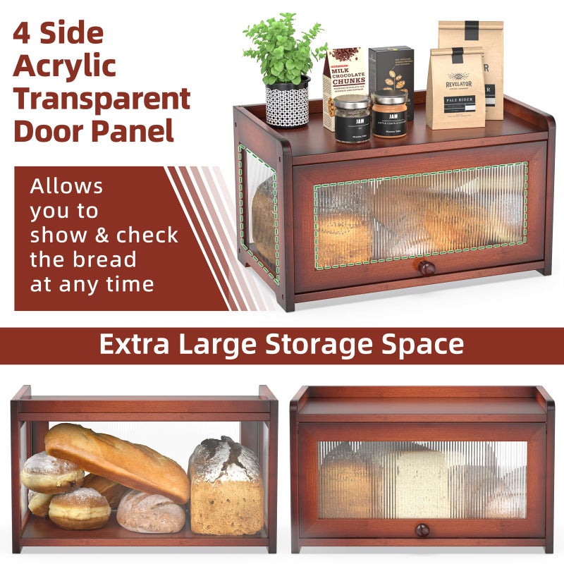 BAMBANG Bamboo Bread Box for Kitchen Countertop, Extra Large Farmhouse Bread Box with 4-Side Clear Panels, Wooden Bread Storage Container for Homemade Bread, Brown - Image 4