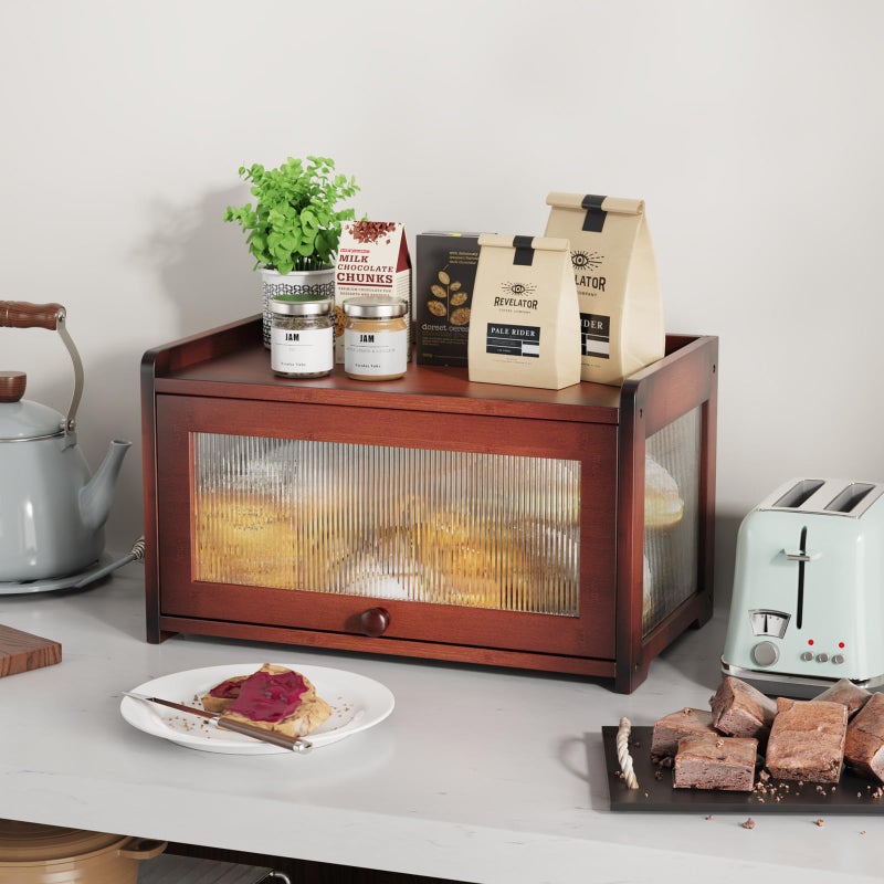 BAMBANG Bamboo Bread Box for Kitchen Countertop, Extra Large Farmhouse Bread Box with 4-Side Clear Panels, Wooden Bread Storage Container for Homemade Bread, Brown - Image 3