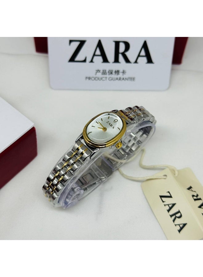 ZARA Elegant Women's Two-Tone Oval Watch | Gold Bezel & Silver Dial | Stainless Steel Bracelet