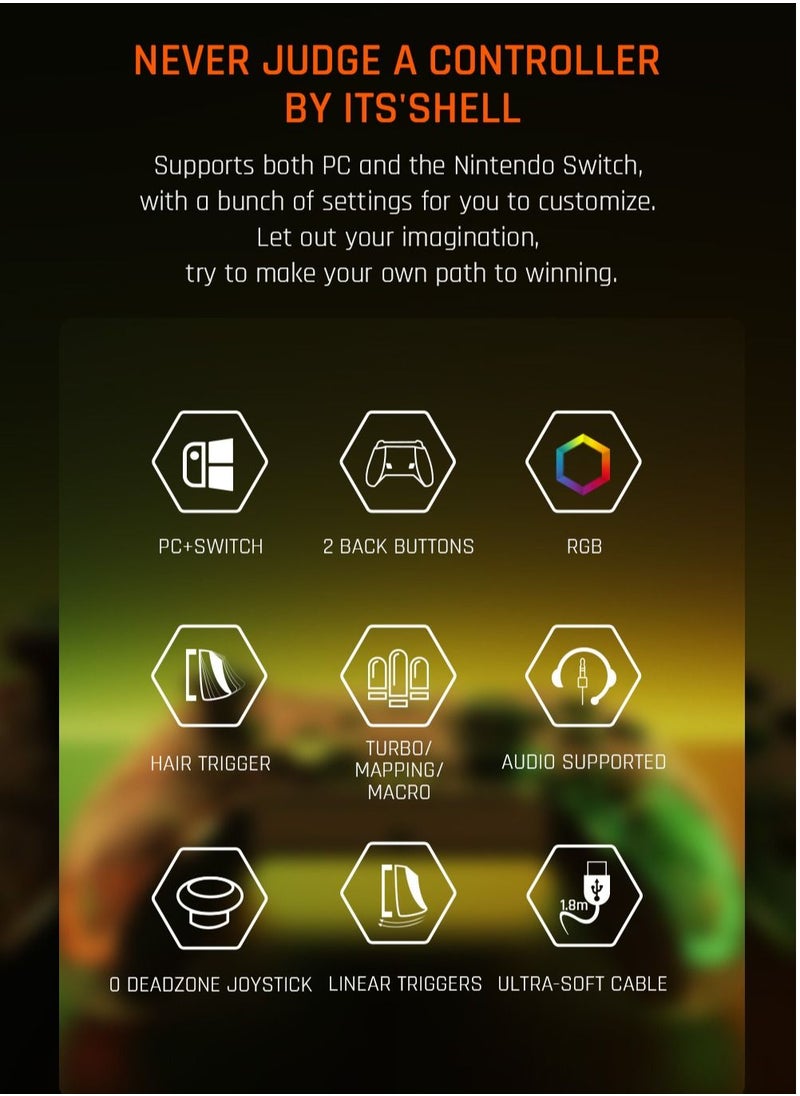 BIGBIG WON - وحدة تحكم الكمبيوتر الشخصي، وحدات تحكم الألعاب السلكية BIGBIG WON Rainbow Lite للكمبيوتر الشخصي مع إضاءة RGB وأزرار مخصصة وماكرو وتوربو ووحدة تحكم Dual Shock لـ Switch/Win10&11 ووحدة تحكم PS4 عبر R90 لألعاب الكمبيوتر الشخصي - Image 1