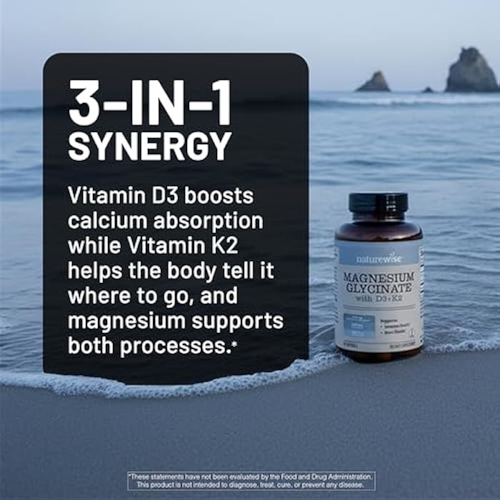 NatureWise Magnesium Glycinate 550mg + High-Dose 10000 IU Vitamin D3 K2 100 mcg - D3 K2 Magnesium Supplement - Chelated for High Absorption - Bone Support - Non-GMO, USA Manufactured - [30-Day Supply] - Image 5