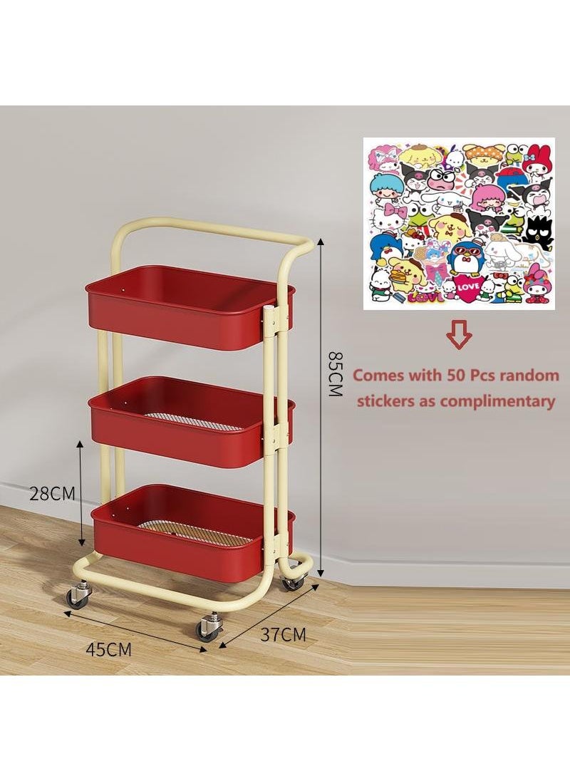General - 3-Layer Carbon Steel Macaron Color Matching Small Cart Storage Rack Household Bedroom Baby Kitchen Movable Multi-Functional Storage Rack Comes With Random 50 Stickers - Image 1