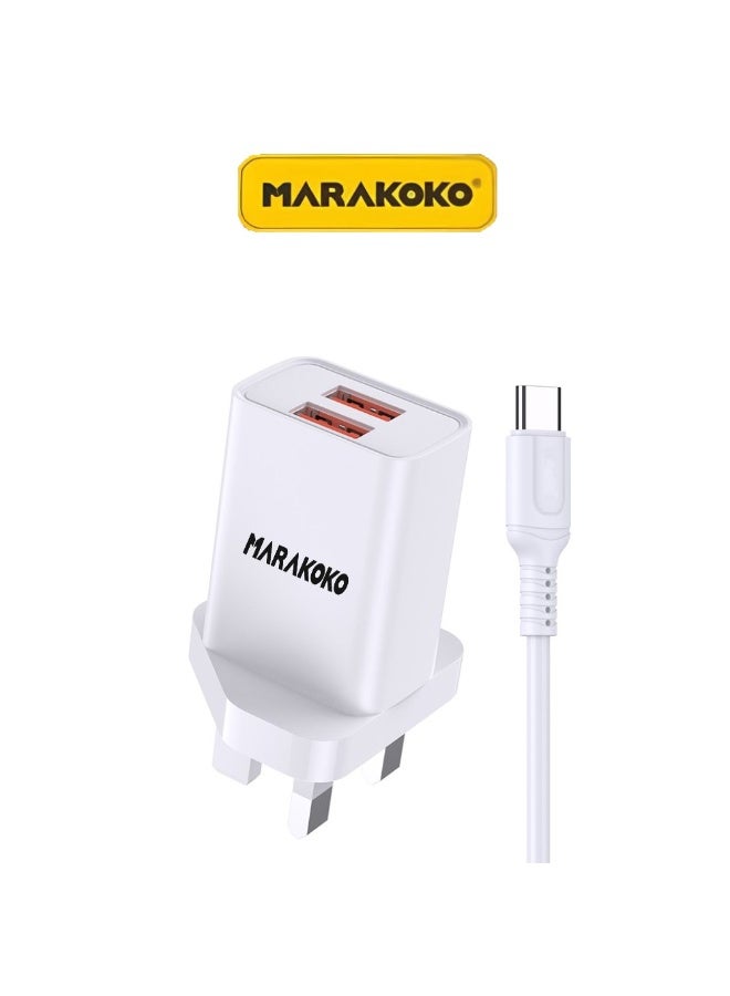 Marakoko Charger head with Type-C cable. Dual USB port plug. Safe wall charger. Chargers for cell phones, headphones, watches, and modems. Plugs for iPhone, Samsung, and more. (White) - Image 1