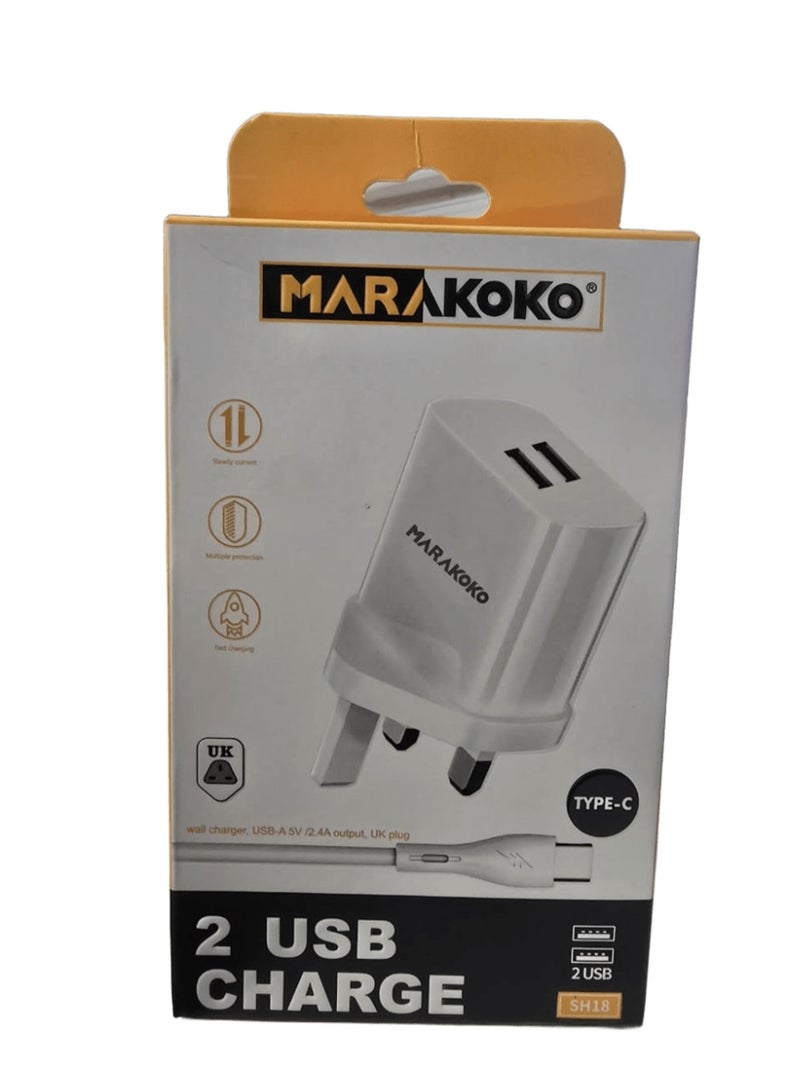 Marakoko Charger head with Type-C cable. Dual USB port plug. Safe wall charger. Chargers for cell phones, headphones, watches, and modems. Plugs for iPhone, Samsung, and more. (White) - Image 5