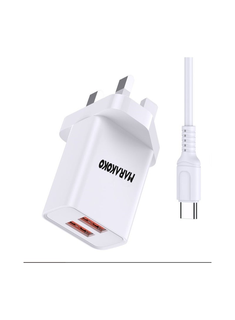 Marakoko Charger head with Type-C cable. Dual USB port plug. Safe wall charger. Chargers for cell phones, headphones, watches, and modems. Plugs for iPhone, Samsung, and more. (White) - Image 2