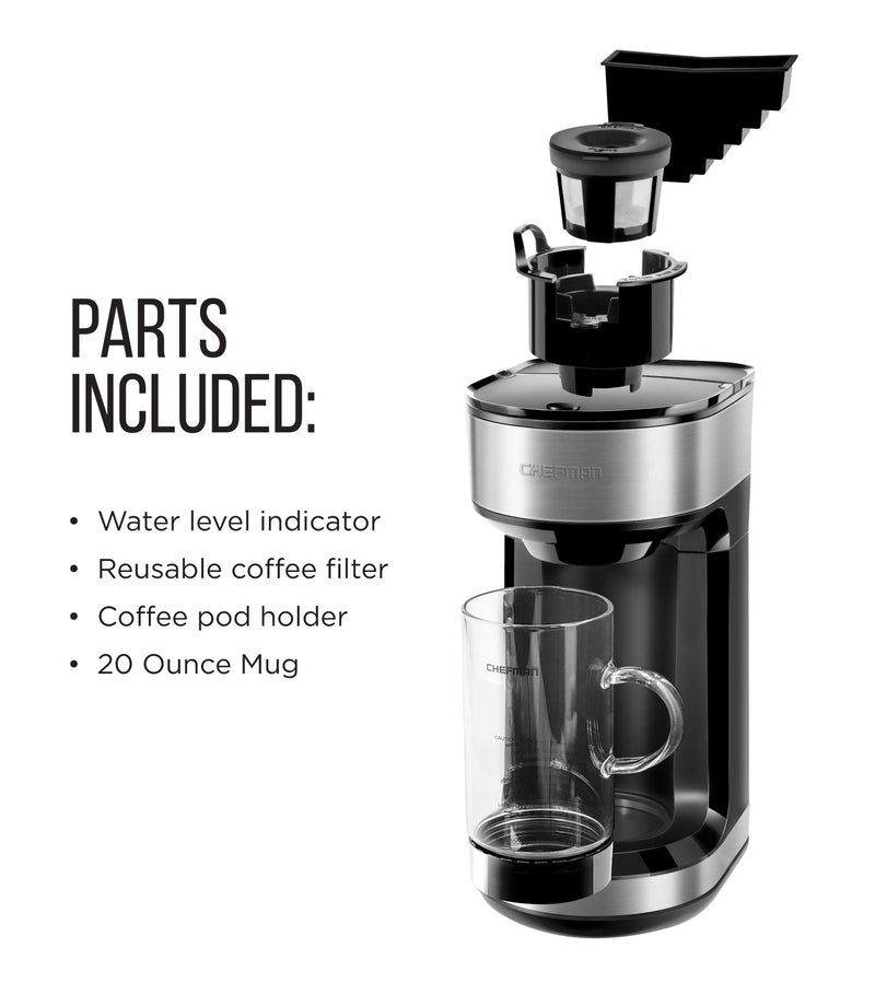 Chefman Chefman Froth + Brew Coffee Maker and Milk Frother Single Serve Brewer for K-Cup Pods & Grounds for Latte and Cappuccino Style Drinks, Compact 20 oz. Glass Mug and Reusable Filter Included, 21 oz  - Image 4
