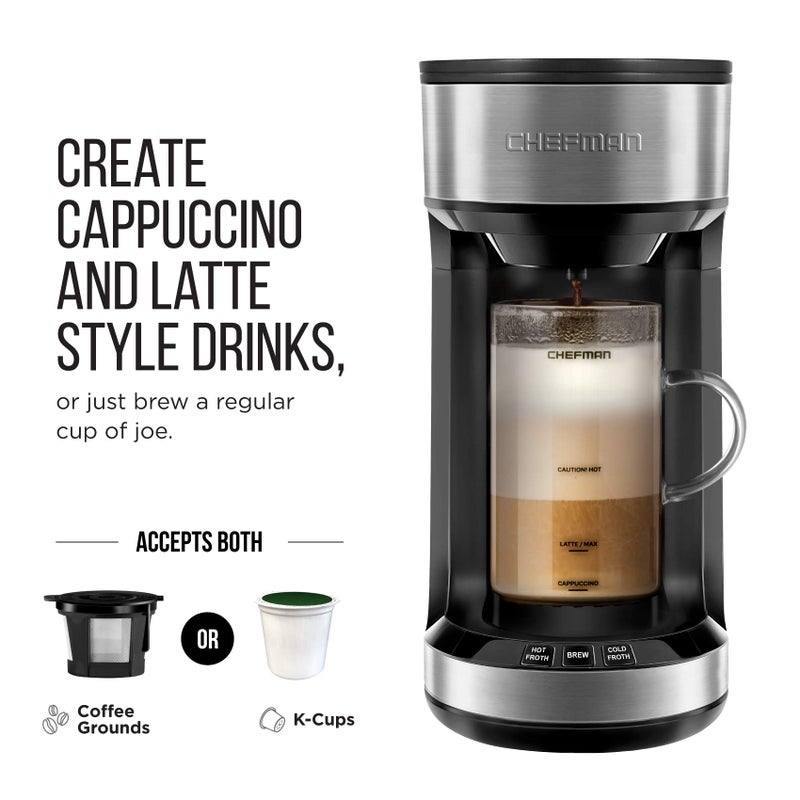 Chefman Chefman Froth + Brew Coffee Maker and Milk Frother Single Serve Brewer for K-Cup Pods & Grounds for Latte and Cappuccino Style Drinks, Compact 20 oz. Glass Mug and Reusable Filter Included, 21 oz  - Image 2