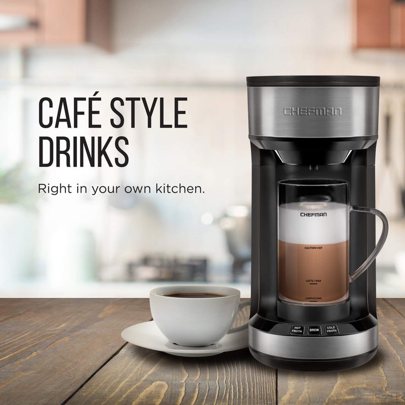 Chefman Chefman Froth + Brew Coffee Maker and Milk Frother Single Serve Brewer for K-Cup Pods & Grounds for Latte and Cappuccino Style Drinks, Compact 20 oz. Glass Mug and Reusable Filter Included, 21 oz  - Image 5