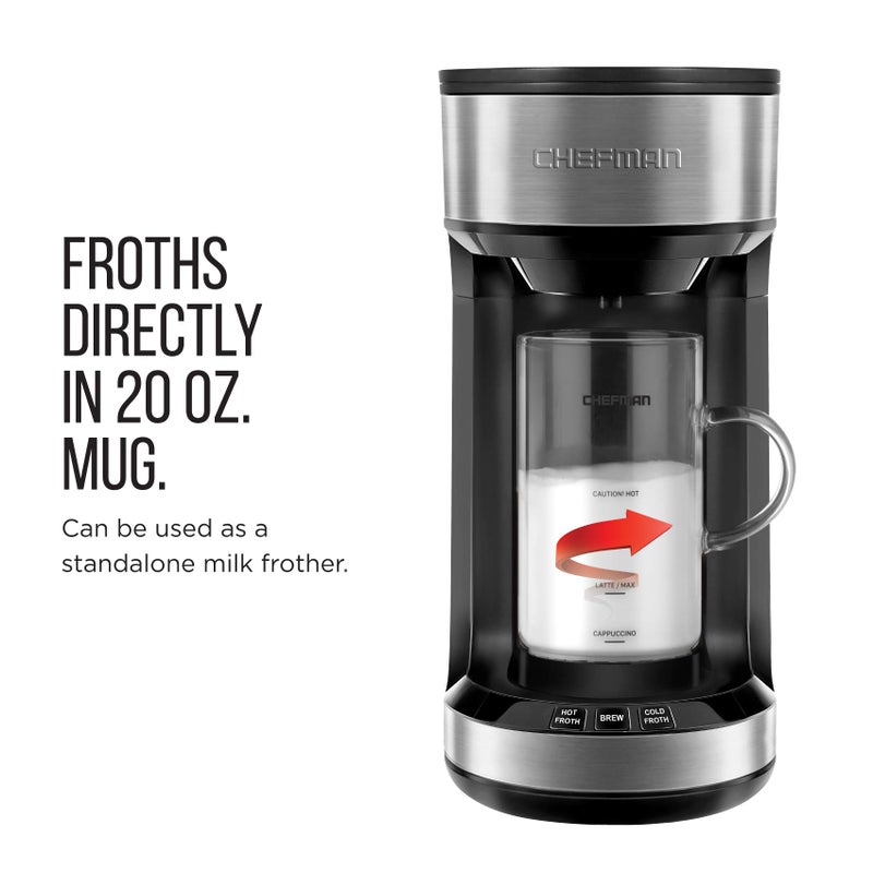Chefman Chefman Froth + Brew Coffee Maker and Milk Frother Single Serve Brewer for K-Cup Pods & Grounds for Latte and Cappuccino Style Drinks, Compact 20 oz. Glass Mug and Reusable Filter Included, 21 oz  - Image 3