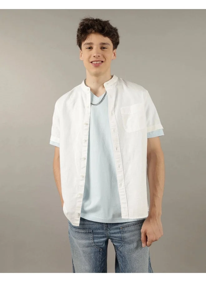 امريكان ايجل AE Short-Sleeve Band Collar Linen Button-Up Shirt