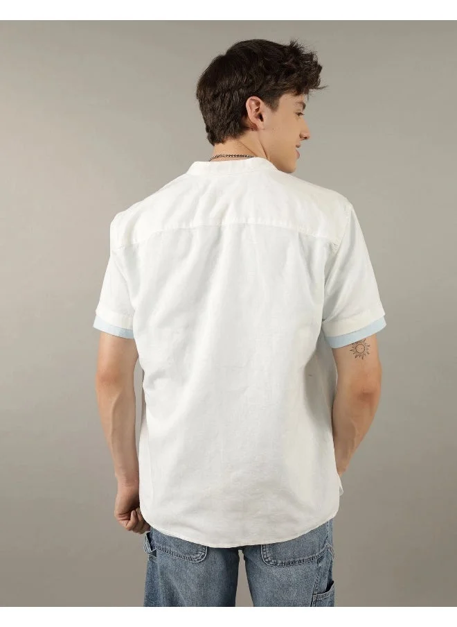 امريكان ايجل AE Short-Sleeve Band Collar Linen Button-Up Shirt
