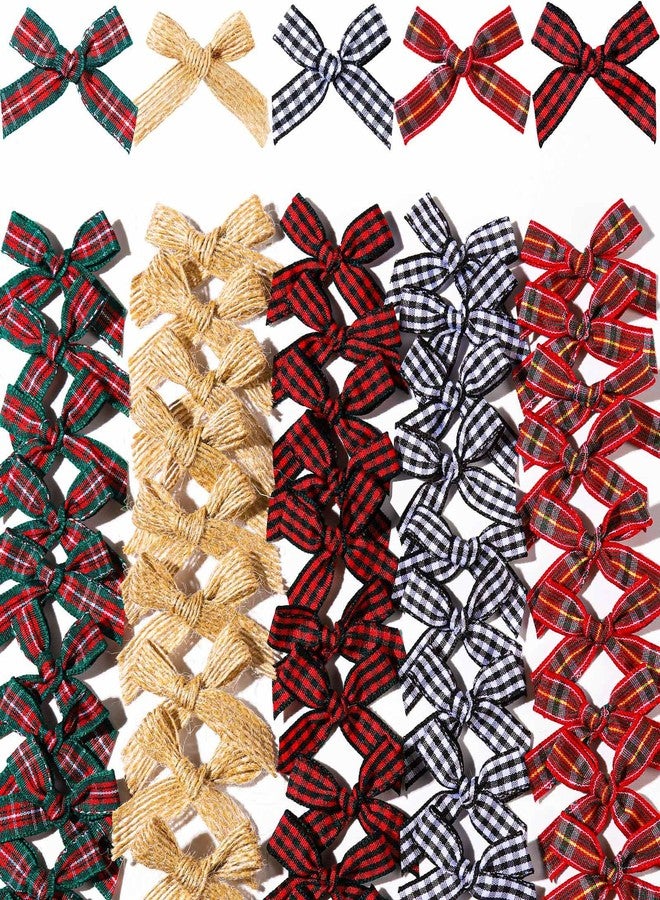 YGDZ Mini Christmas Bows, 50PCS Burlap Bow Buffalo Plaid Bows for Craft, Small Bows for Christmas Tree Decor, Tiny Ribbon Bows for Gift Wrapping - Image 1