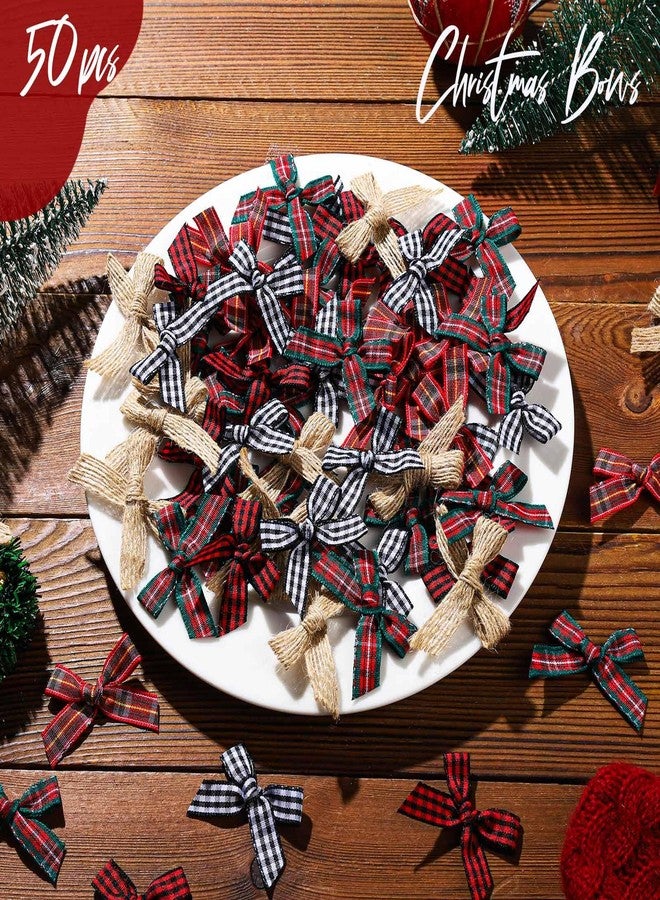 YGDZ Mini Christmas Bows, 50PCS Burlap Bow Buffalo Plaid Bows for Craft, Small Bows for Christmas Tree Decor, Tiny Ribbon Bows for Gift Wrapping - Image 3