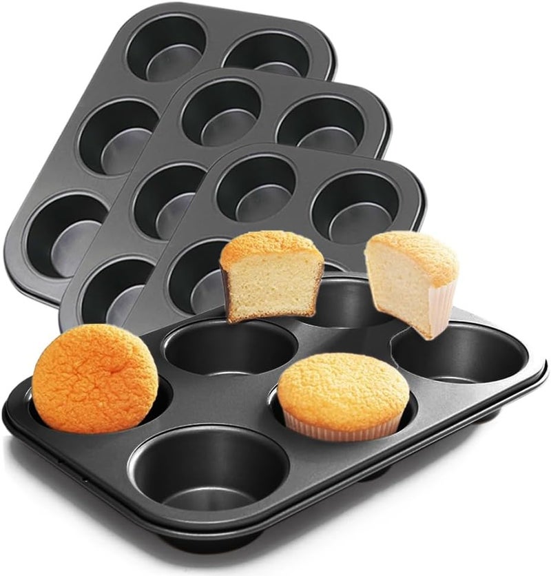 ASBAYSON 4 Packs Premium Steel Muffin Pan for Baking, Round Muffin Baking Pan, Baking Tray for Muffins, Cupcakes, Brownie(Black - Image 1