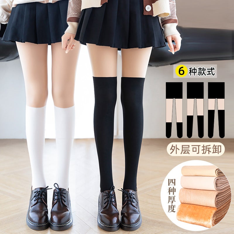 Three-In-One Stitching Light Leg Artifact Fleece-Lined Button Type Detachable Fake Calf Fake Knee Cut Pantyhose - Image 2