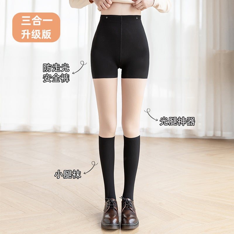 Three-In-One Stitching Light Leg Artifact Fleece-Lined Button Type Detachable Fake Calf Fake Knee Cut Pantyhose - Image 3