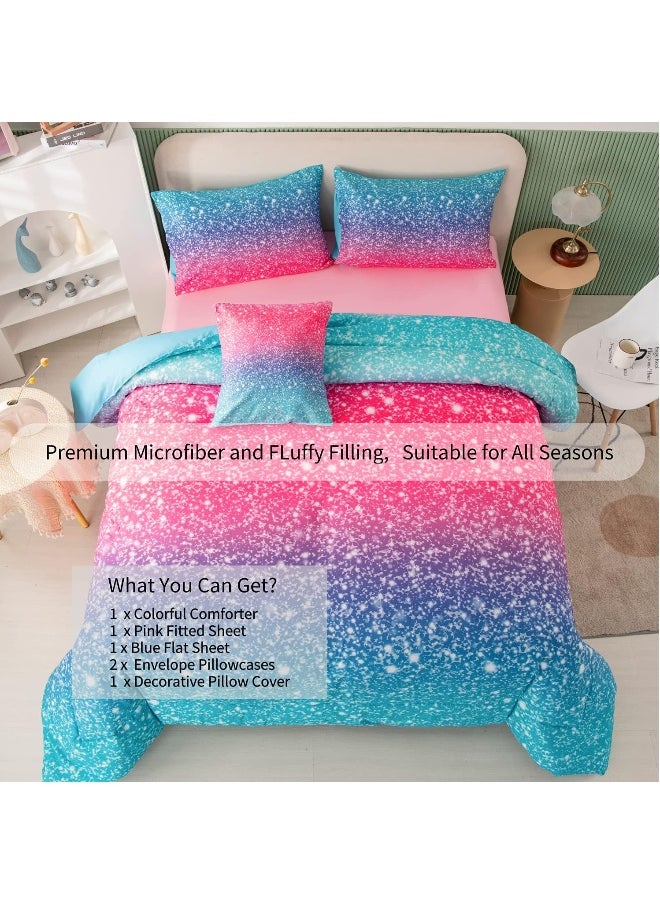 Generic RYNGHIPY 6Pcs Pink Glitter Comforter Sets for Kids Teen Girls Twin Size, Colorful Rainbow All-Season Coverlet Set, Ultra Soft Bedding Collections  - Image 2
