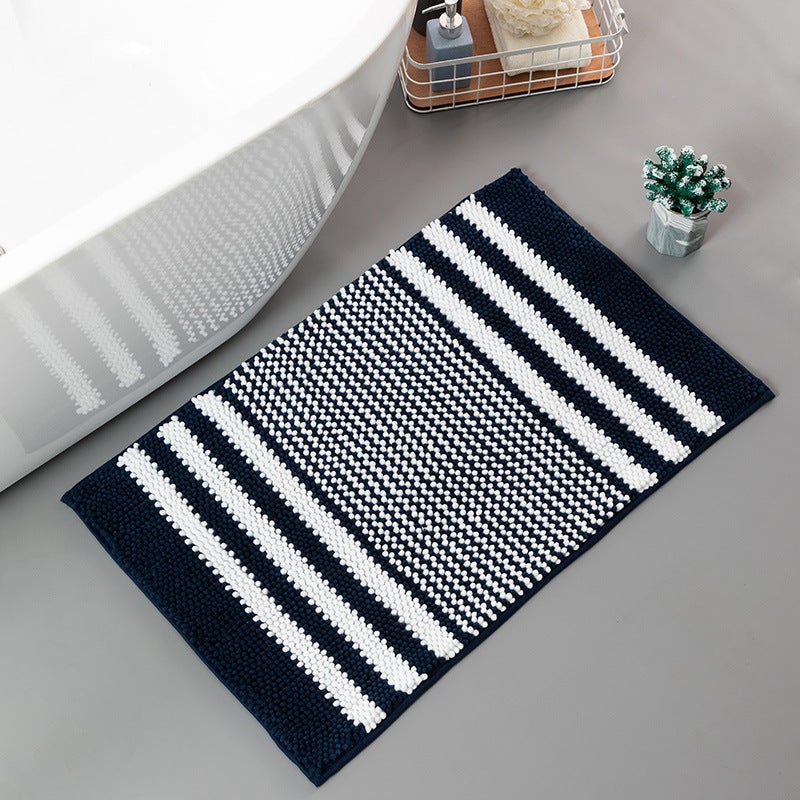 Best Selling Two-Color Cationic Chenille Floor Mat Bedroom Striped Carpet Bathtub Absorbent Bathroom Non-Slip Mat(Navy blue, 40*60) - Image 1