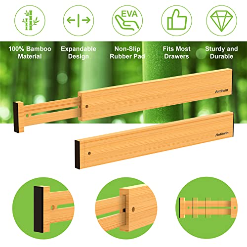 ANTOWIN Bamboo Drawer Dividers Organizers 16pcs, Expandable Drawer Separators Splitter, 17-22 inches Long Adjustable Spring-loaded Organizer for Large Utensil, Clothes, Tools Drawers (8+8) - Image 4