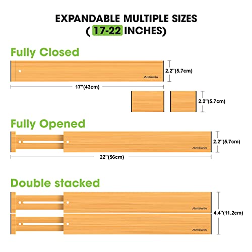 ANTOWIN Bamboo Drawer Dividers Organizers 16pcs, Expandable Drawer Separators Splitter, 17-22 inches Long Adjustable Spring-loaded Organizer for Large Utensil, Clothes, Tools Drawers (8+8) - Image 3