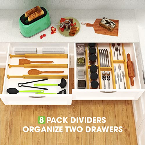 ANTOWIN Bamboo Drawer Dividers Organizers 16pcs, Expandable Drawer Separators Splitter, 17-22 inches Long Adjustable Spring-loaded Organizer for Large Utensil, Clothes, Tools Drawers (8+8) - Image 5